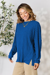 Basic Bae Full Size Ribbed Round Neck Slit Knit Top - Versatile Style for Every Occasion